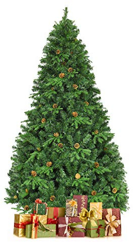 GYMAX künstlicher Weihnachtsbaum 210 cm, Tannenbaum mit 925 Spitzen, 460 LED Beleuchtung in warm weiß, Christbaum mit 138 PE-Blättern & 61 Tannenzapfen, Grün