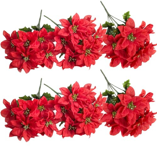 ASSR 6 Stück rote künstliche Weihnachtssterne Büsche Seidenstoff Weihnachtsstern Büsche Künstlicher Weihnachtsstern Blumenstrauß, 7 Stiele, künstliche Weihnachtssterne Blumen