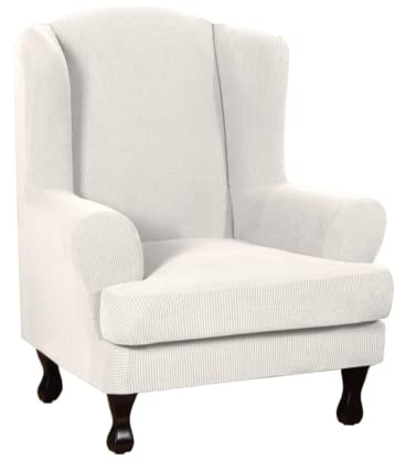 GAMUKAI 2-Piece Wingback Chair Slipcover Set - Stretch Jacquard Furniture Covers (Base + Seat Cushion), Form-Fitted Protector for High Back Chairs, Machine Washable (Ivory)