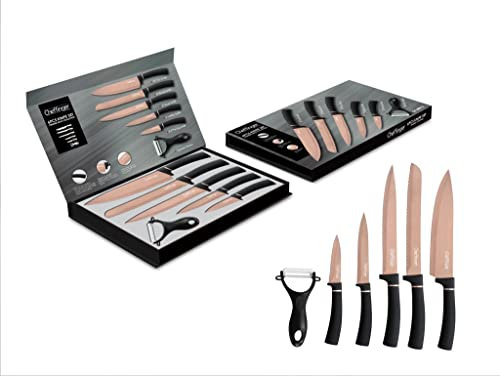 6 teiliges Messerset Schwarz Gold Edtition (5 Messer & 1 Sparschäler) Edelstahl in Klappbox mit Magnetverschluss scharfe Messerklingen Küchenmesser Chefmesser Pizzamesser Motiv 3
