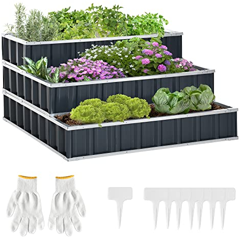 Outsunny Hochbeet aus Stahl 3-stufige Gartenbeet mit T-Form-Pflanzenschilder Handschuhe Pflanzenbeet Kräuterbeet Blumentreppe für Balkon Garten Dunkelgrau 118 x 118 x 62 cm
