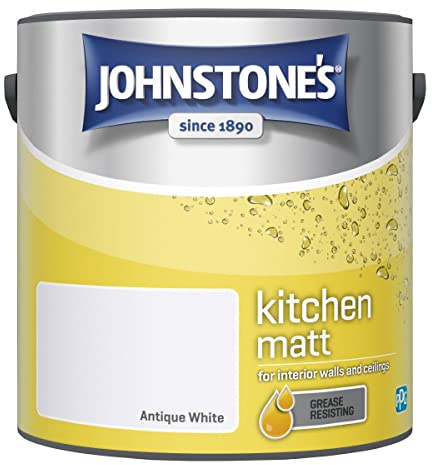 Johnstone's - Kitchen Paint - Antique White - Matt Finish - Grease & Stain Resistant - Suitable for Kitchen Walls & Ceilings - Highly Durable - Low Odour - 12m2 Coverage per Litre - 2.5L | Matt Finish, Suitable for Kitchen Walls & Ceilings, Grease & Stain Resistant, 25x Tougher Than Standard Paint, Water Based