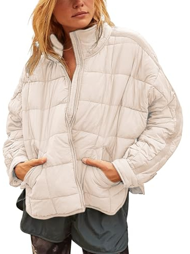 Xiaoxuemeng Womens Quilted Puffer Jacket Zip Up Lightweight Padded Coat Outwear (Khaki-M)