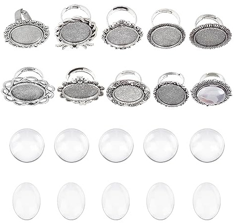SUNNYCLUE 20 Stück DIY 10 Sets Vintage Stil Fingerring Rohlinge Verstellbare Leere Glas Cabochon Ringeinstellungen Cabochon Ringe Basis Kit Für Die Schmuckherstellung Anfänger Komponentenzubehör Antik