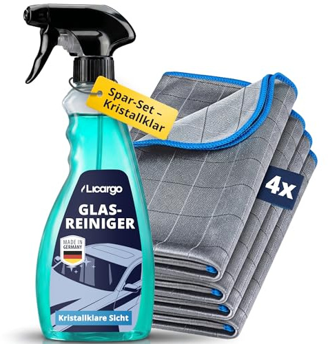 LICARGO® Glasreiniger (750ml) & 4X Carbontücher - Für kristallklare Autoscheiben ohne Streifen & Schlieren