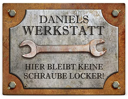 Love Faith personalisiertes Heimwerker-Schild - Für Bastler - 30x20 cm | Gestalte dein individuelles Werkzeugschild mit Wunschnamen - Robustes Metall 30x20cm, mit Bohrung - Wanddeko für Werkstatt