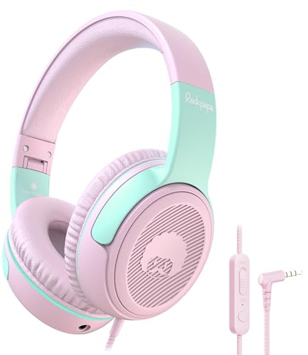 Rockpapa Share 1 Kids Headphones Wired with Microphone, 85/94dB Volume Limited, Sharing Function, Foldable, Adjustable, Childrens Headphones Over Ear for School/Travel/Phone/PC/MP3, Pink Green