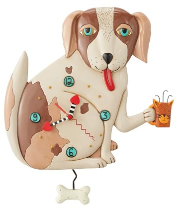 Enesco Allen Designs Wanduhr mit Pendel, Motiv No Bones Dog Holding a Cat, 32,6 cm, mehrfarbig