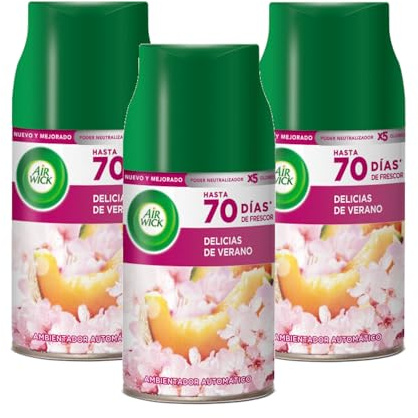Air Wick Freshmatic Pack de 3 Recambios de Ambientador Spray Automático, Esencia para Casa con Aroma a Delicias de Verano