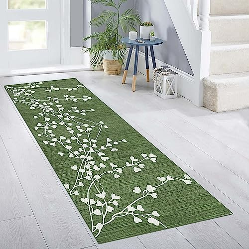 Siunwdiy Teppich Läufer Flur rutschfest Modern weißes Blatt Muster 90x160cm Grün Meterware Waschbar Teppichläufer Schlafzimmer Korridor Küchenlaufer Lang, Anpassbare Größe, 40-140cm Breit
