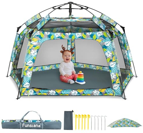 Funsland Laufstall Baby Faltbar, 8S Pop Up Zelt Kinder, Laufgitter Baby mit Belüftungsnetz und Sonnendach,3-4 Personen,Tragbar Laufstall Indoor Outdoor Für Strand, Park, Camping, Garten, Grün