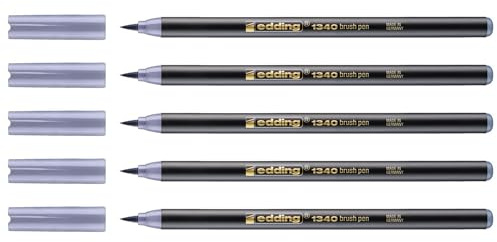 Edding 5 Filzstifte, Pinselspitze, 1340, Silbergrau, 1 – 3 mm
