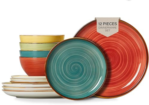 ONEMORE Servizio Piatti 12 Pezzi, Servizio da Tavola 4 persone, Dipinto a Mano in Gres con 4 Piatti Piani, 4 Piatti da Dessert, 4 Ciotole Cereali, Colori Assortiti