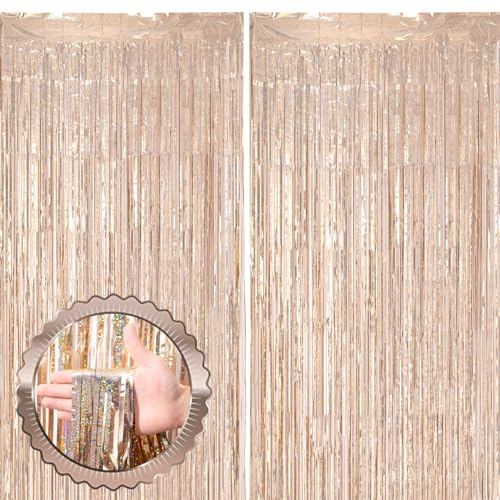 Voircoloria 2 Pack Champagne Gold Tinsel Foil Fringe Curtains, Champagne Party Decorations, Metallic Tinsel Party Streamers Backdrop for Birthday Baby Shower Graduation Wedding Party Decorations