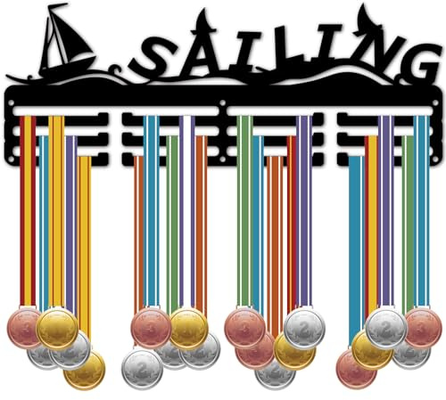 CREATCABIN Soporte Medallas Vela,Soporte Colgar Medallas,Marco Montaje En Pared,Decoración Hierro,Organizador Medallas Metal para Colgar Sobre 60medallas,Cintas,Velero,Barco Deportes Acuáticos,40x15cm