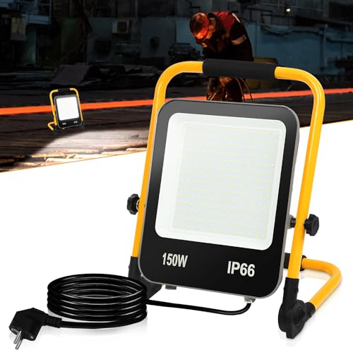 Jopassy LED Baustrahler 1 x 150W, 13000LM, IP66 Wasserdicht, 6000K Kaltweiß, Tragbar mit Stecker und 3m Kabel, Faltbarer Ständer LED Arbeitsleuchte für Innen und Außen