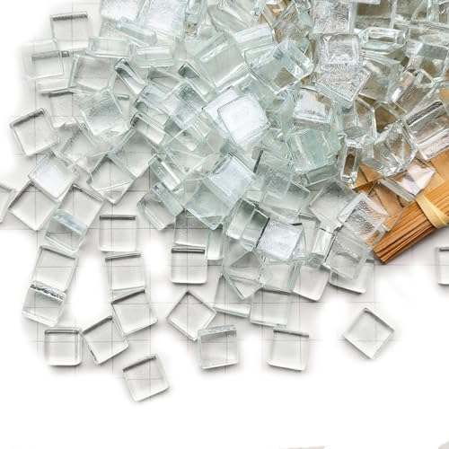 HSTWODE Glasmosaikfliesen Mosaiksteine,Schwarze und weiße Serien Bulk-Quadrat Glassteine Glasfliesen, 450 g, 1 x 1 cm für Basteln, Haus Deko (Durchsichtig)
