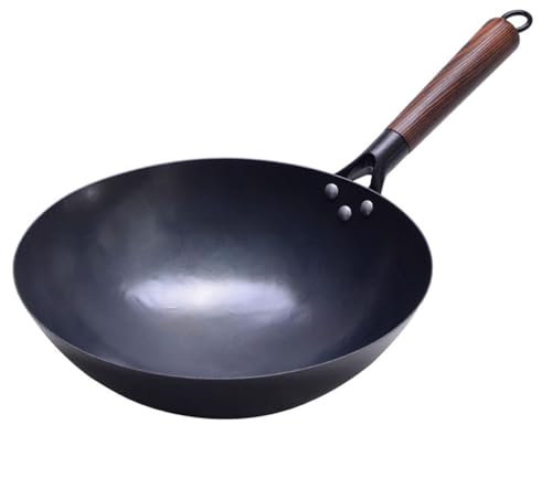 Vnook Wok in ghisa, wok in ferro martellato a mano, padelle multiuso for wok in ghisa for saltare in padella, senza rivestimento, pentola antiaderente for fornelli elettrici/a induzione/a gas(32cm)