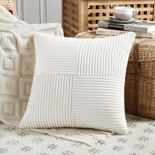 FDTERN 1 Stück Creme Kissenbezug 80x80 cm Weich Kordsamt Kissenbezüge Kissenhülle Dekokissenbezug Sofakissen Dekokissen Boho Deko für Sofa Schlafzimmer Wohnzimmer Balkon (Ohne Kissenfüllung)