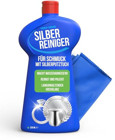Vero Shine Silberputzmittel mit Silberputztuch (225ml), Silberputzmittel für Besteck und Schmuck, Silberpolitur mit extra Hochglanz, Silberschmuck Reinger