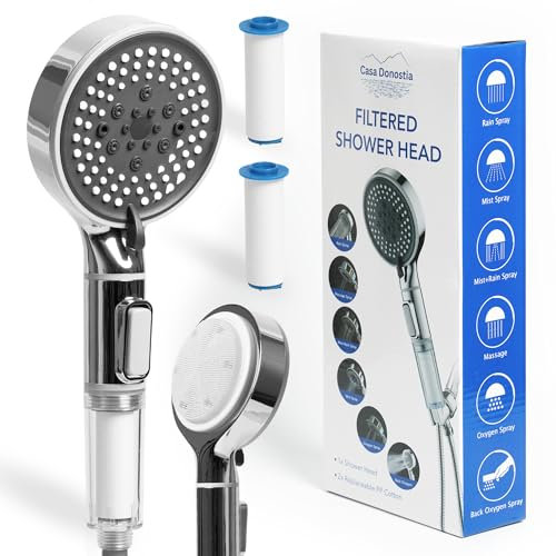 CASA DONOSTIA Alcachofa de Ducha con Filtro Antical | Cabezal de Ducha Grande 6 Modos + Alta Presión | Cepillo Masajeador de Silicona | Incluye 2 Recambios | Shower Head | Chuveiro