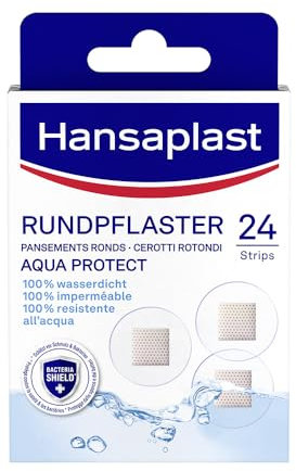 Hansaplast Aqua Protect cerotti tondi (24 strisce), cerotto impermeabile in materiale traspirante e bacteria shield, cerotto per ferite con forza adesiva extra forte e delicato sulla pelle