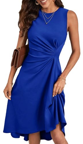 HUXRAKV Vestito Donna Elegante da Cerimonia Abito Solido Pieghe in Vita Abito Midi con Linea ad A Vestiti da Cocktail Estivi Senza Maniche,27-Blu,L