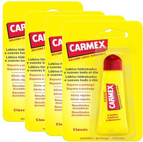 Carmex Klassischer feuchtigkeitsspendender Lippenbalsam, Tube 10 g, 4 Stück