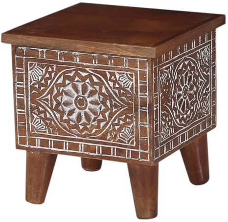 Marrakech mesa auxiliar oriental baúl de madera tallado a mano espacio de almacenamiento | Caja decorativa marroquí o taburete para salón, dormitorio y pasillo