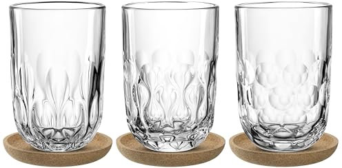 LEONARDO HOME GOCCE 055192 - Juego de 6 vasos para latte macchiato (390 ml, 3 posavasos de corcho, 3 vasos de latte macchiato, apto para lavavajillas, estructura de gota, transparente, cristal matcha)