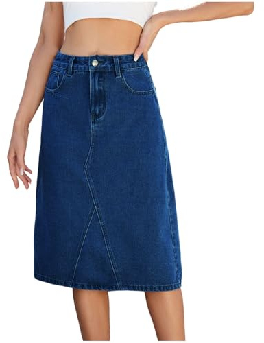 Mrat Denim Skirt with Pockets for Women UK Stretch Mid Wash Fitted A Line Skirts Ladies Elegant Bodycon Jeans Work Office Knee Length Skirts Flattering Slimming Midi Waisted Skirt Y2k Streetwear