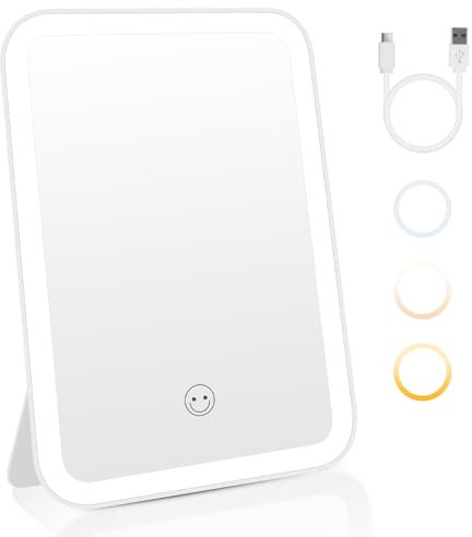 CNMTCCO Specchio Trucco Con Luci, Specchio Trucco A 3 Colori, Specchio Con Luci, Ricaricabile E Facile Da Trasportare (20 * 13,5 Cm Bianco)