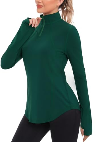 Crewhpo Womens 1/4 Zip Running Tops Long Sleeve Thumb Holes UPF 50+ Shirts | Stand Collar, Quarter Zip, Lightweight Breathable, Stretchy, Moisture Wicking, Gym Training, Hiking and Workout Activewear