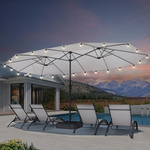 PURPLE LEAF Grand Parasol de Jardin Extérieur 4,55 x 2,7 x 2,4 m avec Pied et Guirlande Lumineuse, Parasol Rectangulaire Double Face à Manivelle Résistant au Vent pour Terrasse, Jardin, Cafés, Blanc
