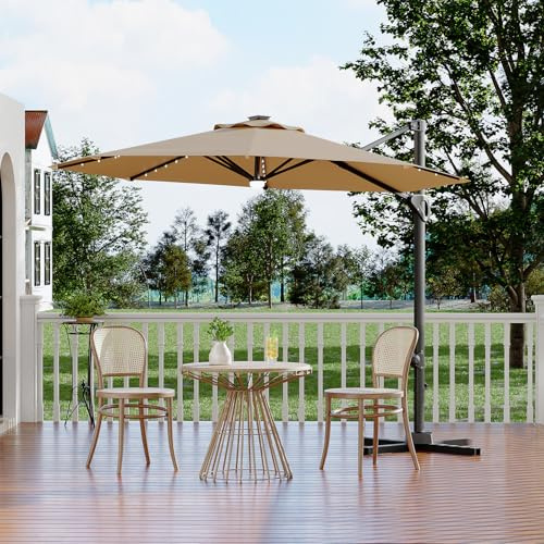 Garvee 10 ft Cantilever Patio Umbrella with Solar Lights, 360°Rotation Offset Umbrella, Easy Crank & Tilt Adjustment, UV Protection for Backyard, Poolside, Deck -Tan