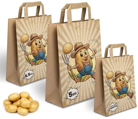 250 Papiertragetaschen Papiertaschen Fröhliche Knolle | Kartoffeln | Papiertüten | 1,5kg | Flachhenkel (18 + 8 x 22 cm (1,5 kg))