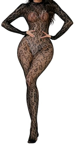ROSVAJFY Bodystocking Donna Sexy Pizzo Leopardato Rete Trasparente Body Collant Elasticizzato a Maniche Lunghe Night Club Rave Party Biancheria Intima Babydoll Teddy Nero XS-XL (Nero2)