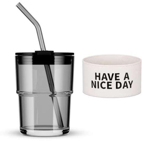 BLUEPOLAR 13oz/400ml Christmas Glass Water Tumbler with Straw and Lid Sealed Carry On Thick Wall Iced Coffee Cup Glass Cup for Water, Iced Tea Fruit Juice Etc (Have a nice day)