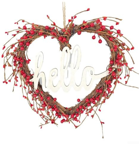 Durashmall Corona en forma de corazón para el día de San Valentín hecha de ratán para colgar en la puerta, decoración para pared y mesa, adorno romántico de temporada para el hogar (38 cm)