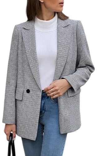 Veste Blazer Femme Blazer À Carreaux Pied-De-Poule pour Femme avec Revers Crantés Veste De Tailleur Business Casual avec Poches Style Vintage Manches Longues Croisé À Carreaux Pied-De-Poule.