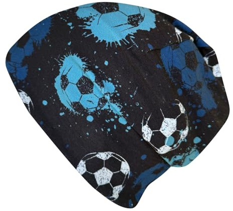 Wollhuhn Kinder Beanie Mütze „Shorties“ – aus Baumwolle, zweilagig, wendbar – Mädchen & Jungen – aus Deutschland, alle Jahreszeiten (DE/NL/SE/PL, Numerisch, 52, 54, Fußball Blautöne)