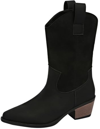 Generiska breda vadcowboystövlar dam, halvstövlar dam med klack, slip-kängor platt halkfri retro tjock klack plus storlek västerländska stövlar vandring vidskapade stövlar, svart, 41 EU