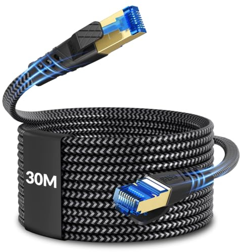 NORSHY Cat 8 Câble Ethernet 30m, Cat 8 RJ45 Cable Super Débit Réseau Lan Patch 40Gbps 2000MHz Plat Nylon Tressé Câble Internet Compatible avec Routeur, Switch, Modem, TV, PS5/4, Xbox, PC