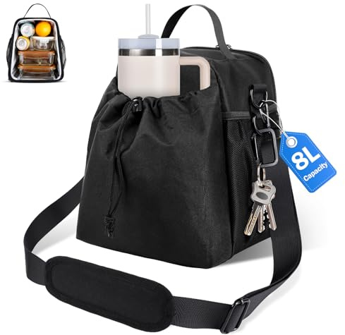 Likesing Bolsa Térmica Porta Alimentos 8L, Bolsa Comida Trabajo Isotérmica, Lunch Bag Nevera Portátil con Correa Ajustable, Impermeable para Oficina Viaje Picnic Playa, Hombre y Mujer, Negro