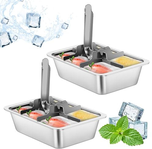 2Pcs Stainless Steel Ice Cube Tray, 6 Slot Metal Ice Cube Maker with Release Lever, Reusable Freezer Mold, Dishwasher Safe DIY Maker for Freezer, Cocktail, Whiskey, Wine, Chocolate, Fruits
