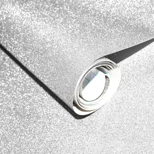 ZHMRROAD Glitter Self Adhesive Wallpaper Silver Vinyl Wrap 44.5 x 300 cm | Textured Sparkly Effect Removable Peel and Stick Wallpaper, Waterproof Sticky Back Plastic for Furniture Cabinet Wall