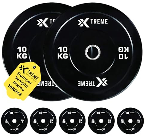 Xtreme Fitness Bumper Plates 5-25kg, 2er Set Hantelscheiben - Schwarz | 50mm Olympisch für Langhantel Scheiben, Stoßdämpfende Gewichte Scheiben für Krafttraining, Crossfit & Home Gym