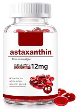 Premium Astaxanthin 12mg|från mikroalger| Led-, ögon- och hudstöd, icke-GMO-glutenfri (antal 60),1Pcs