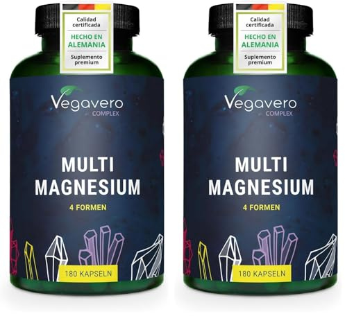 Magnesio Complex | 375 mg de Magnesio | Citrato + Bisglicinato + Taurato + Malato | 180 Cápsulas | Vitamina B6 & B2 | Sin Aditivos & Vegano | Vegavero (Paquete de 2)