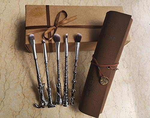 Kit de brosses à maquillage-baguettes magiques, pinceaux pour ombres à paupières sorcier et magicien avec trousse à maquillage simili-cuir vintage
